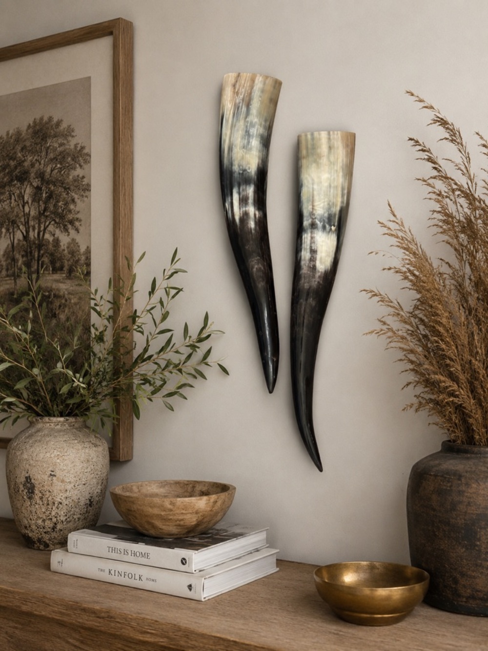 Polished Ox Horns Wall Decor Pair Decorative Black Cream Organic Modern Ranch